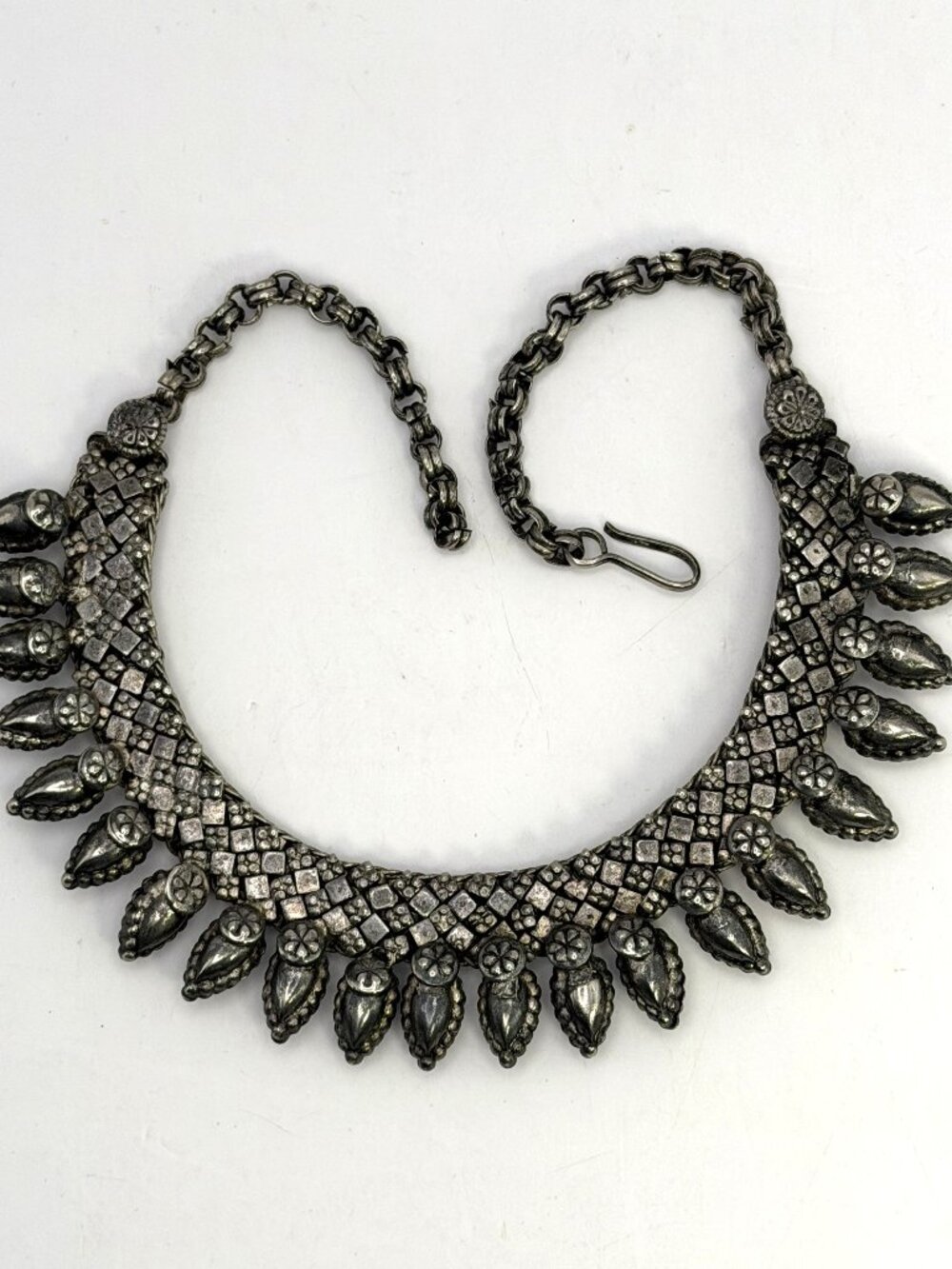 Antiqued Silver Tone Collar Necklace Leaf Fringe Floral Boho Statement 118g
